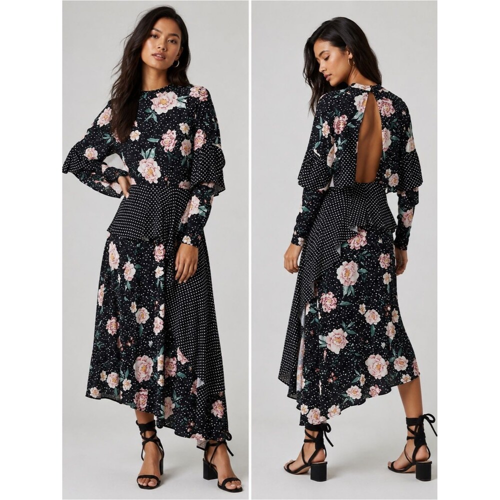 NEW ASOS Black Mixed Print Deconstructed Midi Tea Dress with Open Back Size 10